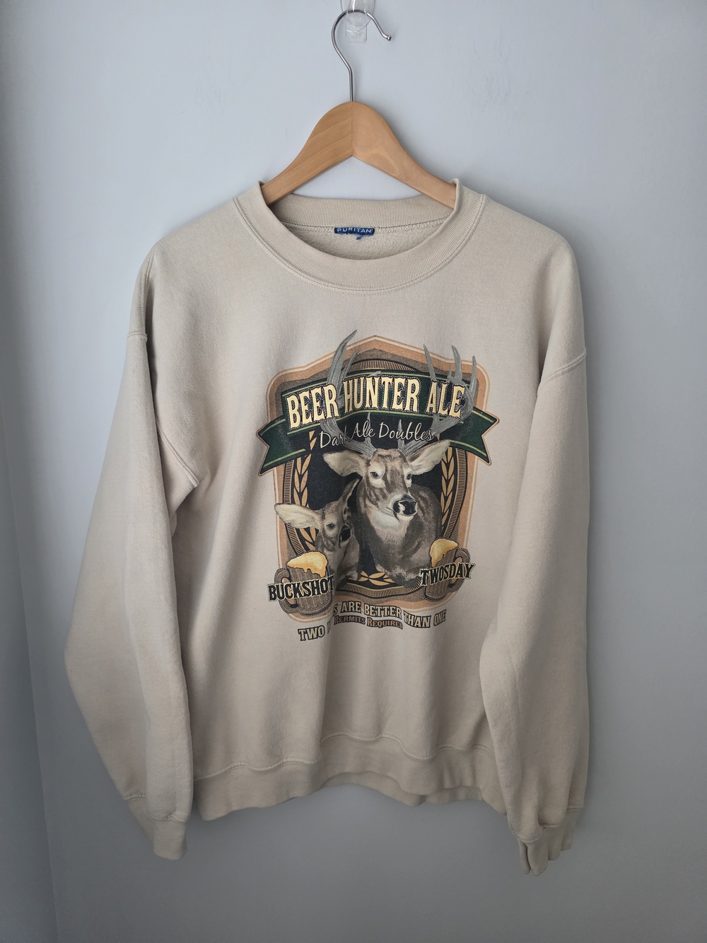 Puritan Beer Hunter Ale Graphic Sweatshirt Beige Crewneck Deer Print Vintage Sty - Picture 2 of 10